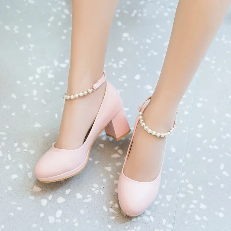 Women's Shallow Pearls Ankle Strap Block Heel Platform Pumps