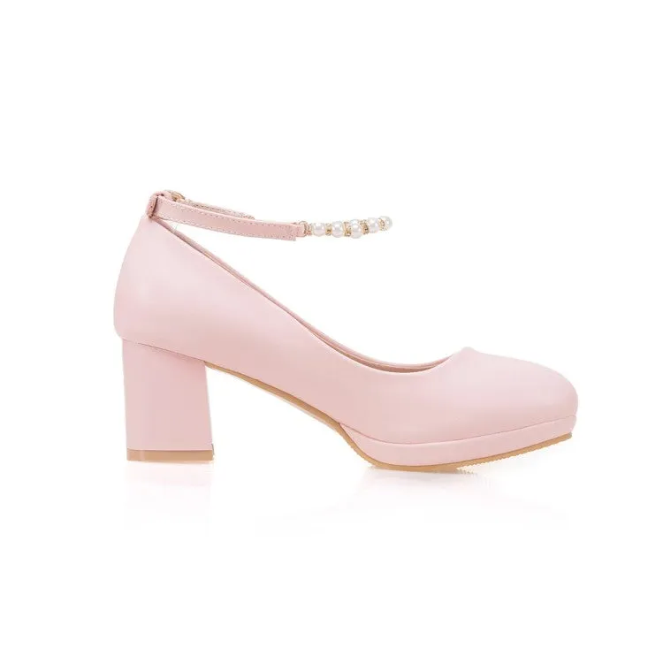 Women's Shallow Pearls Ankle Strap Block Heel Platform Pumps