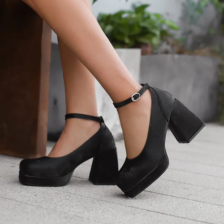 Women's Square Toe Ankle Strap Platform Pumps