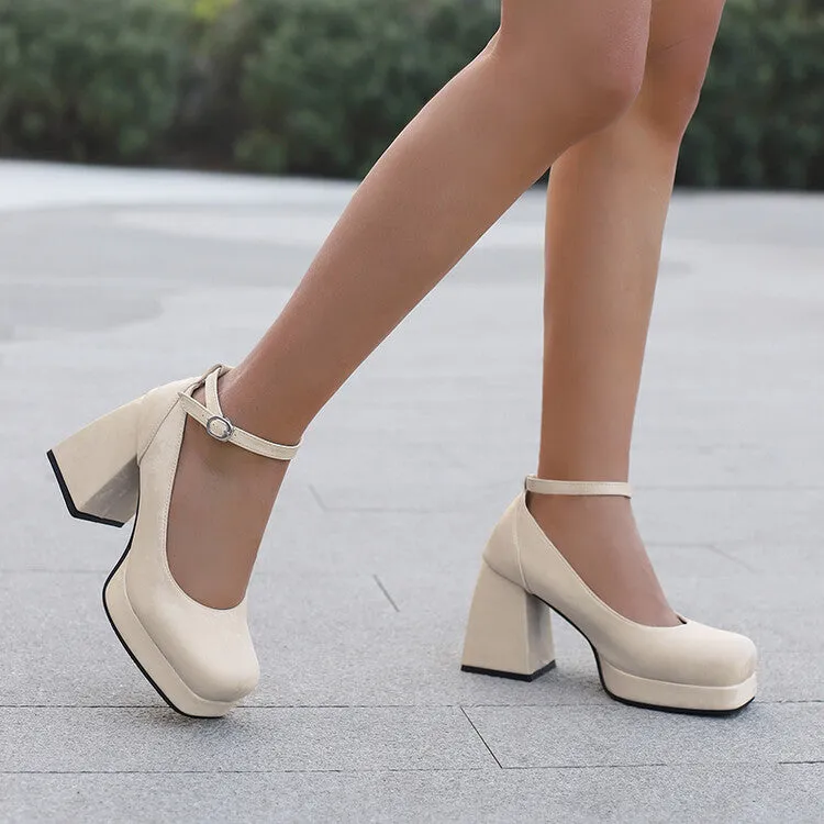 Women's Square Toe Ankle Strap Platform Pumps