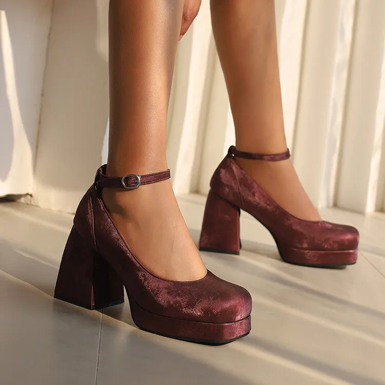 Women's Square Toe Ankle Strap Platform Pumps