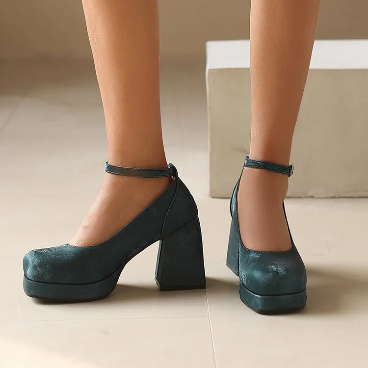 Women's Square Toe Ankle Strap Platform Pumps