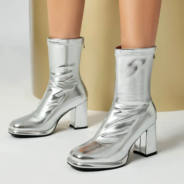 Women's Square Toe Block Heel Platform Short Boots