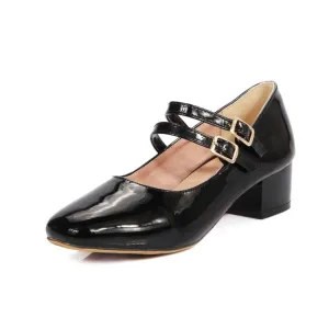 Women's Square Toe Buckle Straps Mary Janes Block Heel Pumps
