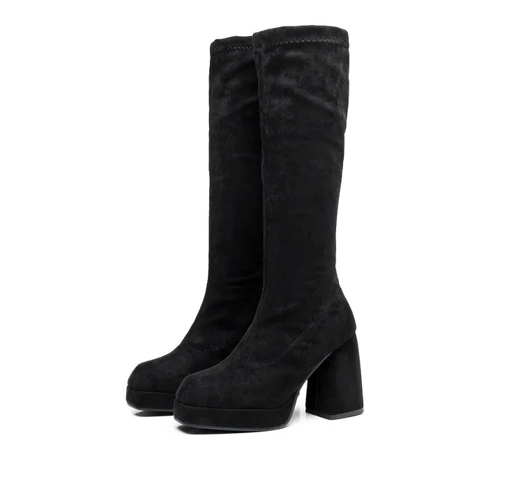 Women's  Square Toe Over Knee Block Chunky Heel Platform Knee High Boots