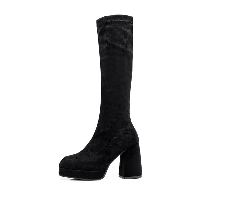 Women's  Square Toe Over Knee Block Chunky Heel Platform Knee High Boots
