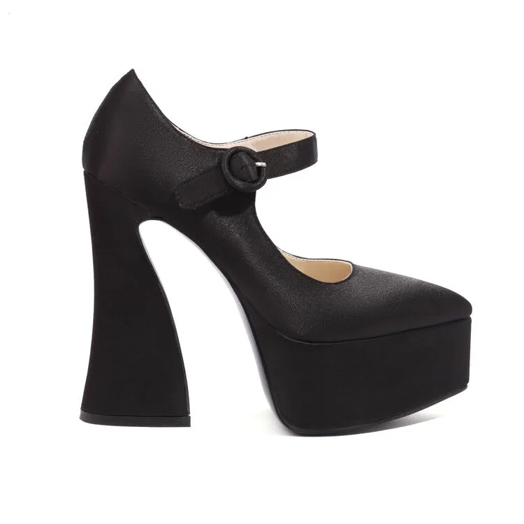 Women's Stain Pointed Toe Straps Buckles Spool Heel Mary Jane Platform Pumps
