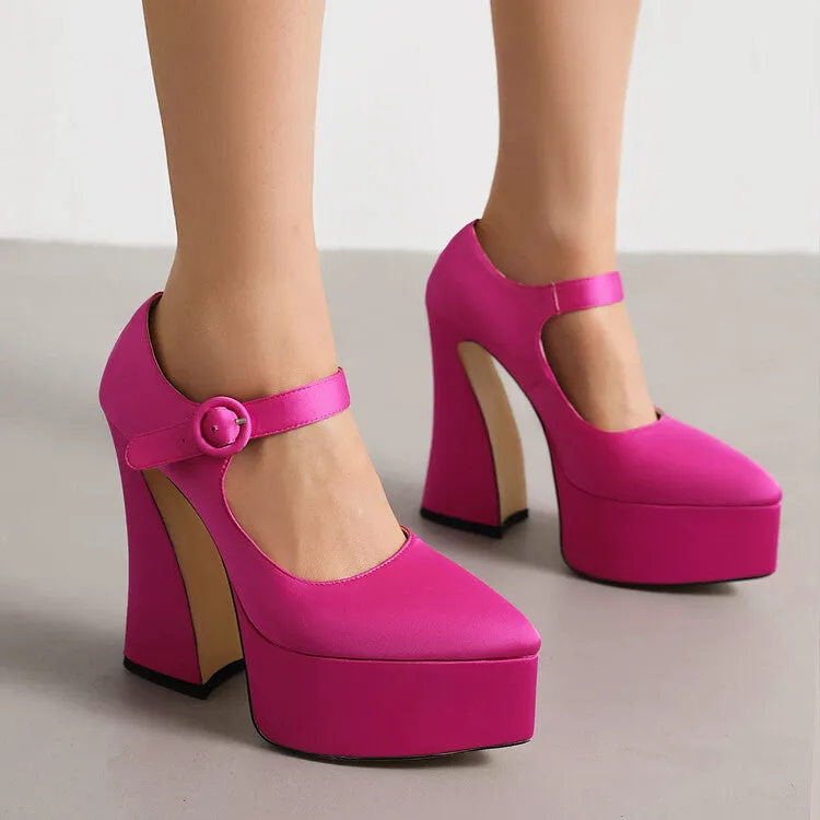 Women's Stain Pointed Toe Straps Buckles Spool Heel Mary Jane Platform Pumps