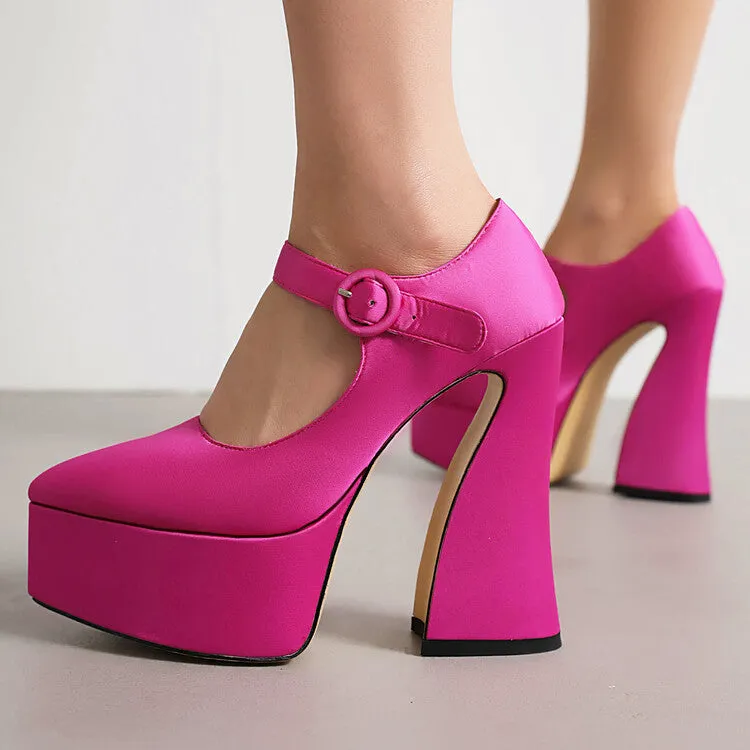 Women's Stain Pointed Toe Straps Buckles Spool Heel Mary Jane Platform Pumps