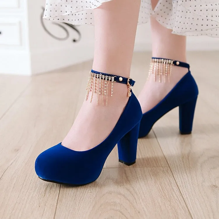Women's Suede Almond Toe Rhinestone Tassel Chunky High Heel Platform Pumps Wedding Shoes