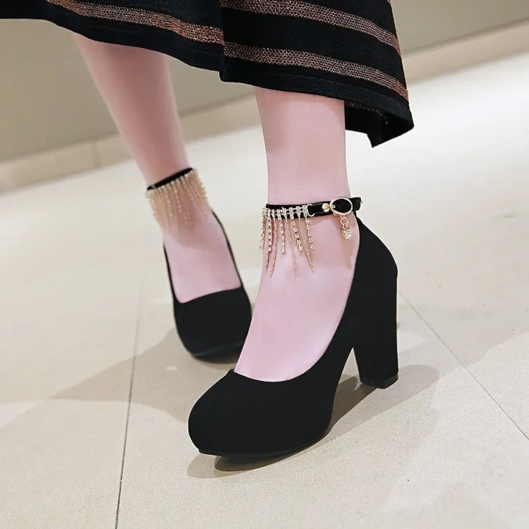 Women's Suede Almond Toe Rhinestone Tassel Chunky High Heel Platform Pumps Wedding Shoes
