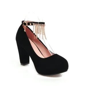 Women's Suede Almond Toe Rhinestone Tassel Chunky High Heel Platform Pumps Wedding Shoes
