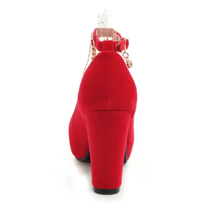Women's Suede Almond Toe Rhinestone Tassel Chunky High Heel Platform Pumps Wedding Shoes
