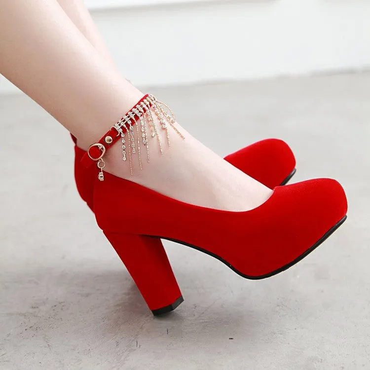 Women's Suede Almond Toe Rhinestone Tassel Chunky High Heel Platform Pumps Wedding Shoes