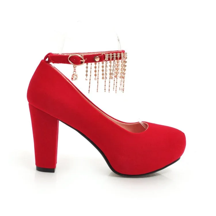 Women's Suede Almond Toe Rhinestone Tassel Chunky High Heel Platform Pumps Wedding Shoes