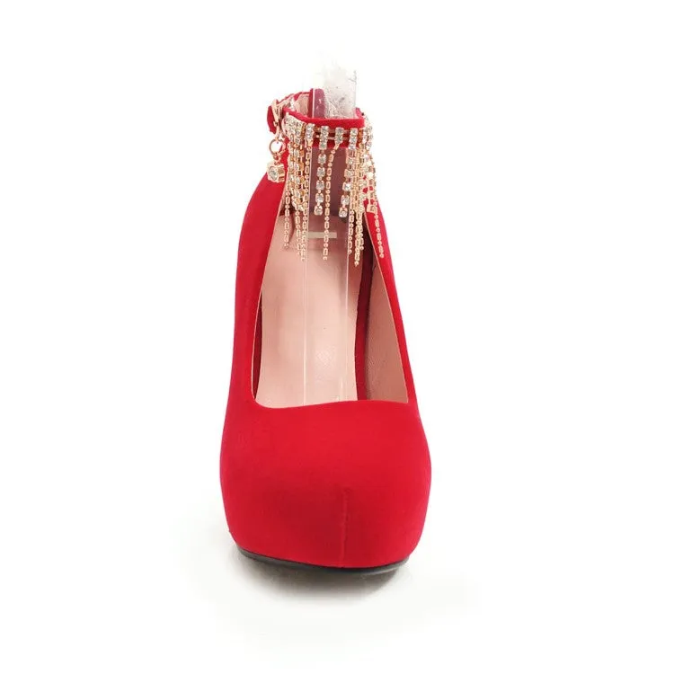 Women's Suede Almond Toe Rhinestone Tassel Chunky High Heel Platform Pumps Wedding Shoes