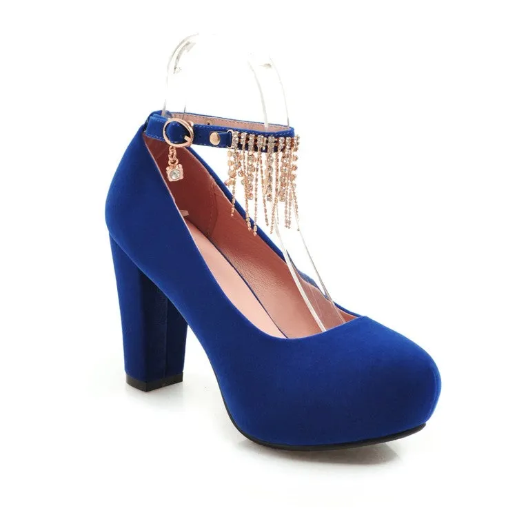 Women's Suede Almond Toe Rhinestone Tassel Chunky High Heel Platform Pumps Wedding Shoes
