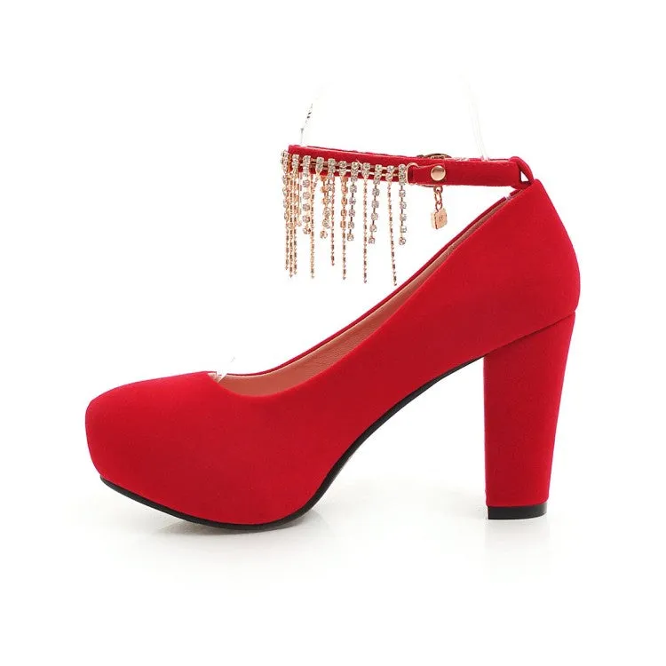 Women's Suede Almond Toe Rhinestone Tassel Chunky High Heel Platform Pumps Wedding Shoes