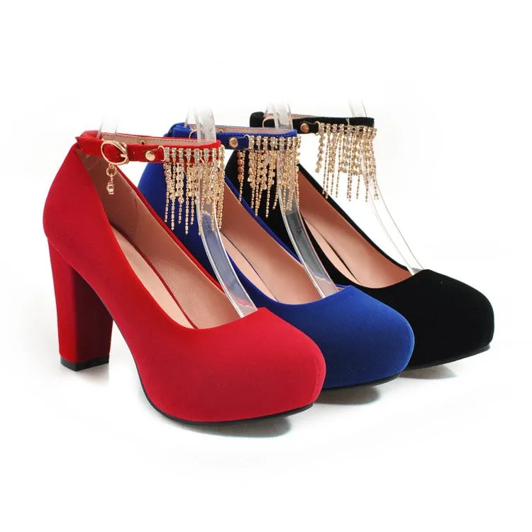 Women's Suede Almond Toe Rhinestone Tassel Chunky High Heel Platform Pumps Wedding Shoes