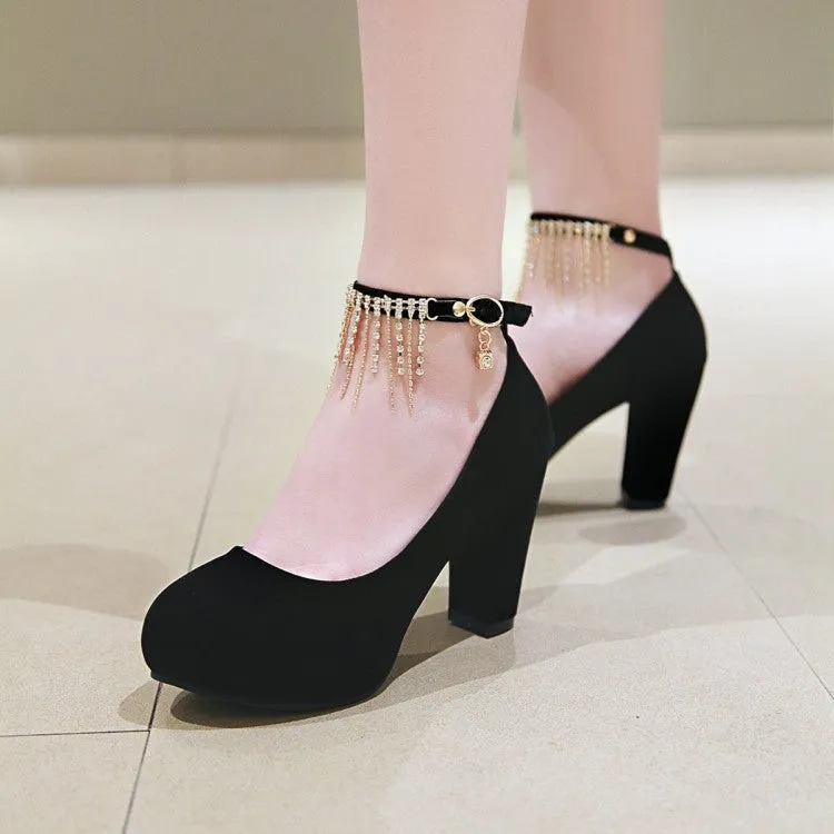 Women's Suede Almond Toe Rhinestone Tassel Chunky High Heel Platform Pumps Wedding Shoes