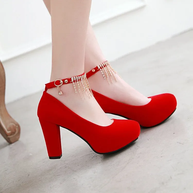 Women's Suede Almond Toe Rhinestone Tassel Chunky High Heel Platform Pumps Wedding Shoes
