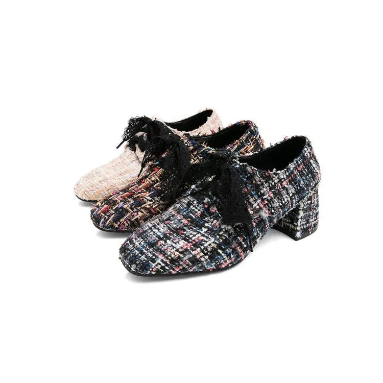 Women's Wove Lace Up Chunky Medium Heel Shoes