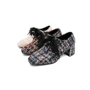 Women's Wove Lace Up Chunky Medium Heel Shoes