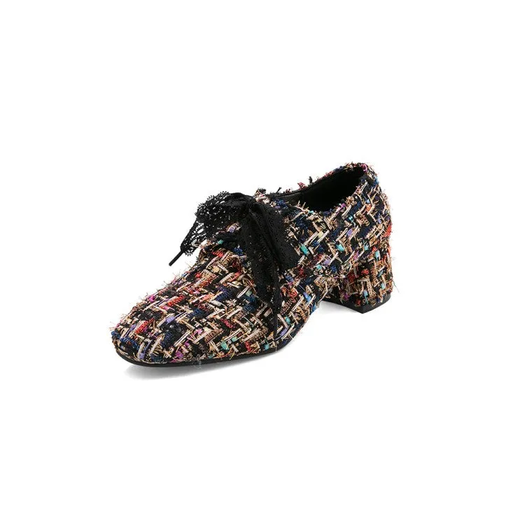 Women's Wove Lace Up Chunky Medium Heel Shoes
