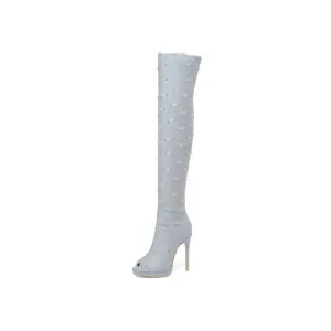 Women's Zipper Denim High Heels Over the Knee Boots