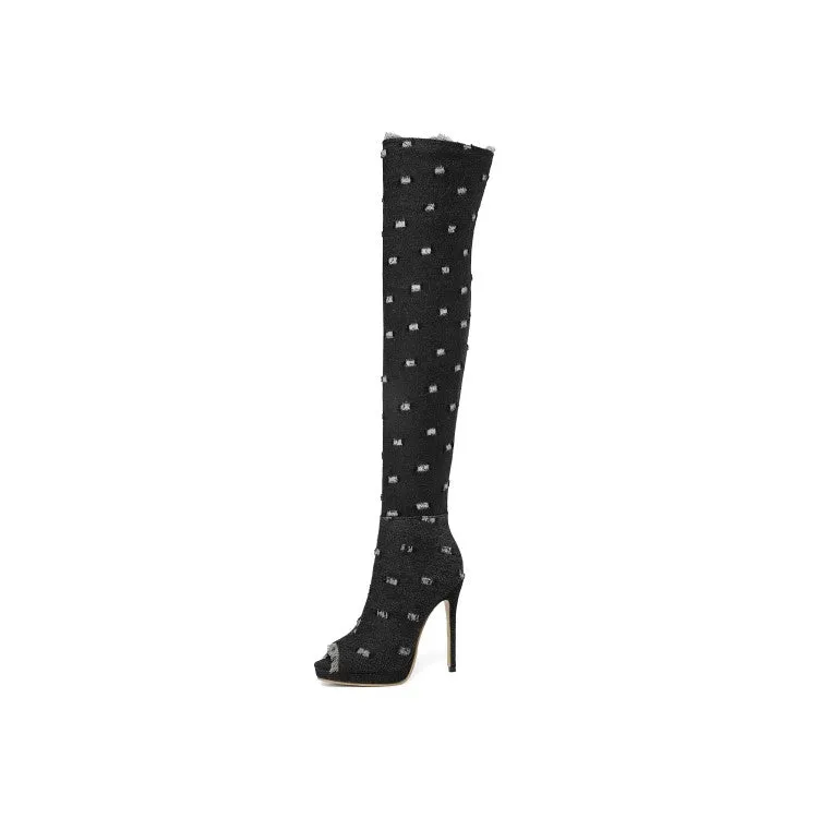 Women's Zipper Denim High Heels Over the Knee Boots