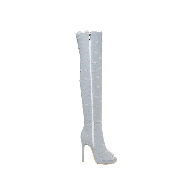 Women's Zipper Denim High Heels Over the Knee Boots
